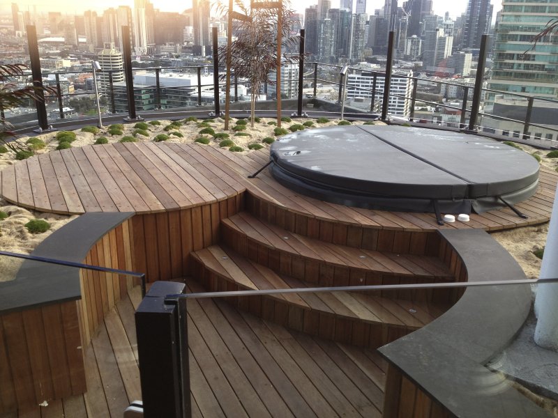 Apartment balcony with view of city and spotted Gum Decking 