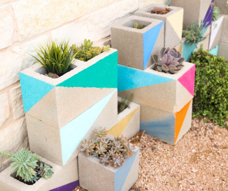 DIY Colorful Cinderblock Succulent Garden