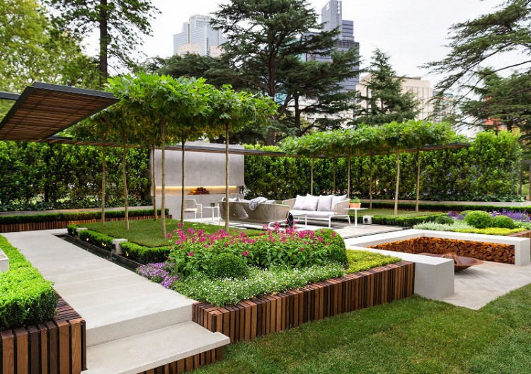Stylish Modern Garden With A Terrace And Fire Bowl Zone