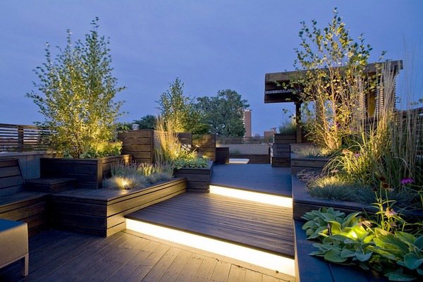 Modern roof garden plant containers trees outdoor lights