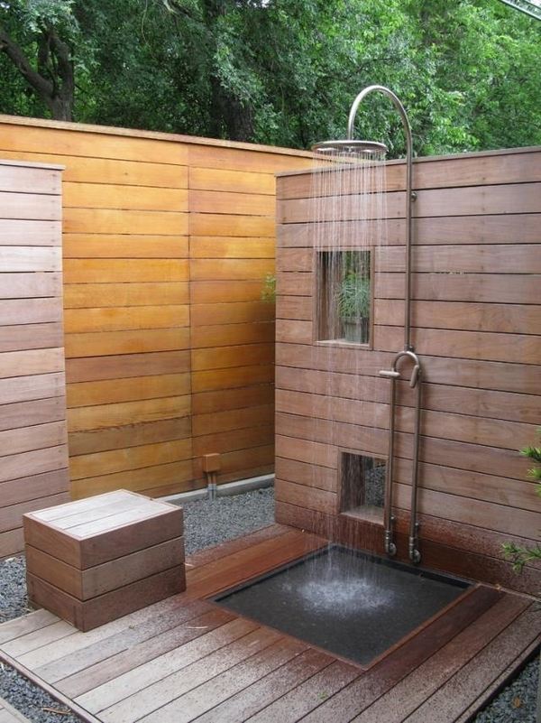 Stainless steel shower garden privacy wood wall outdoor shower ideas