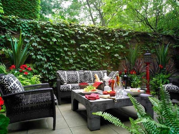 awesome small garden backyard design ideas stone wall ivy 