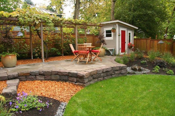 backyard landscape ideas wooden grape arbor garden shed 