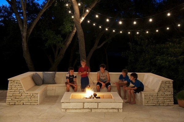 backyard lighting ideas seating area firepit 