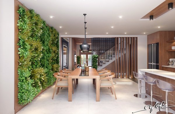 contemporary home interior garden wall open plan kitchen