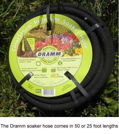 The Dramm soaker hose comes in 50 or 25 foot lengths