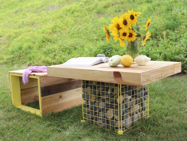 gabion baskets DIY garden furniture wooden table bench