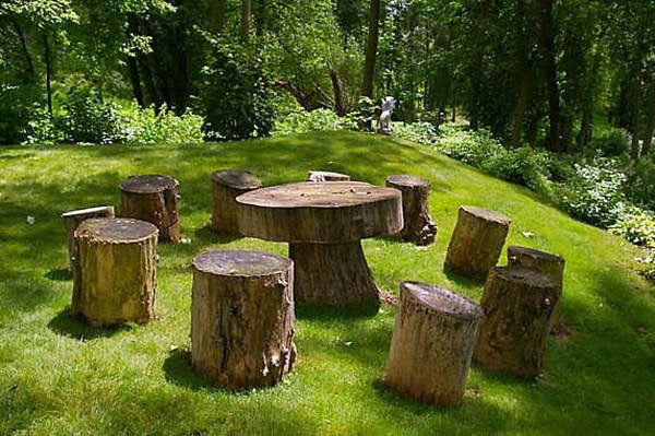 garden decorating ideas tree trunks table stools