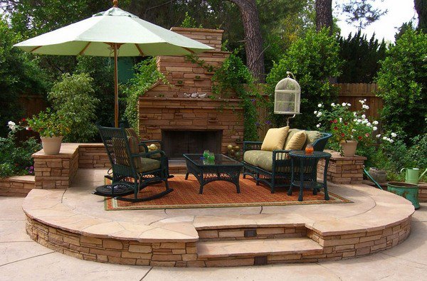 garden sun protection ideas outdoor umbrella outdoor stone fireplace