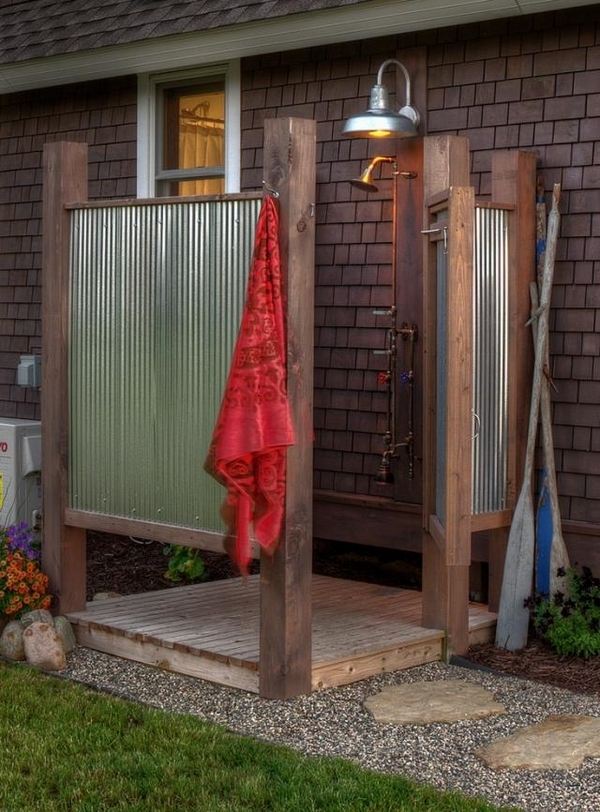 outdoor shower wood posts metal screens DIY garden shower