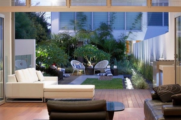 modern backyard design ideas chairs lawn vertical garden
