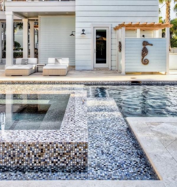 modern swimming pool design mosaic tiles outdoor shower ideas
