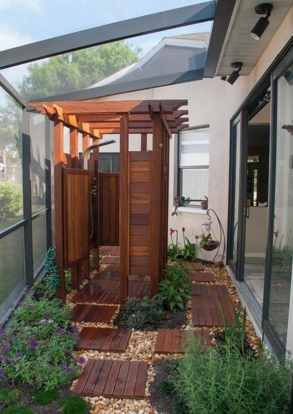 outdoor shower privacy ideas wood walls wood floor tiles