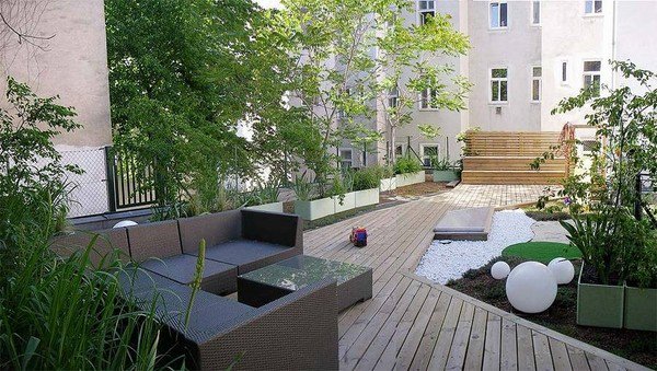 roof garden ideas wooden deck lounge furniture