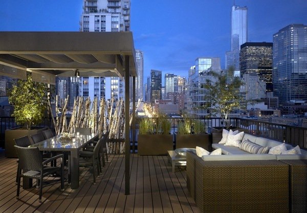 rooftop balcony design WPC decking pergola dining furniture