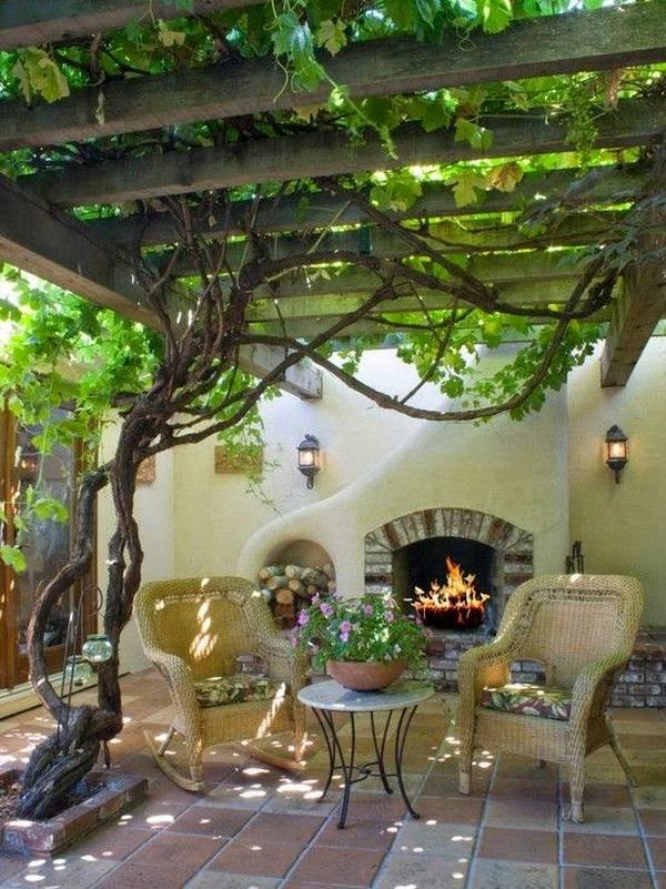 small patio ideas fireplace outdoor furniture wooden pergola 