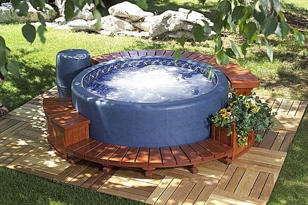 softub portable hot tub wood surround garden deck 