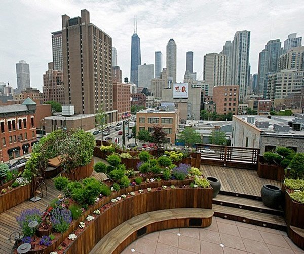 roof garden ideas multi level design green plants city view