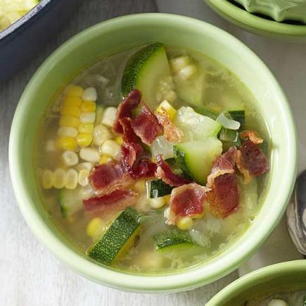 Zucchini-Corn Soup with Crispy Bacon