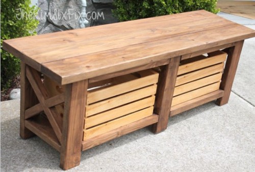 DIY X leg bench with storage (via shelterness)