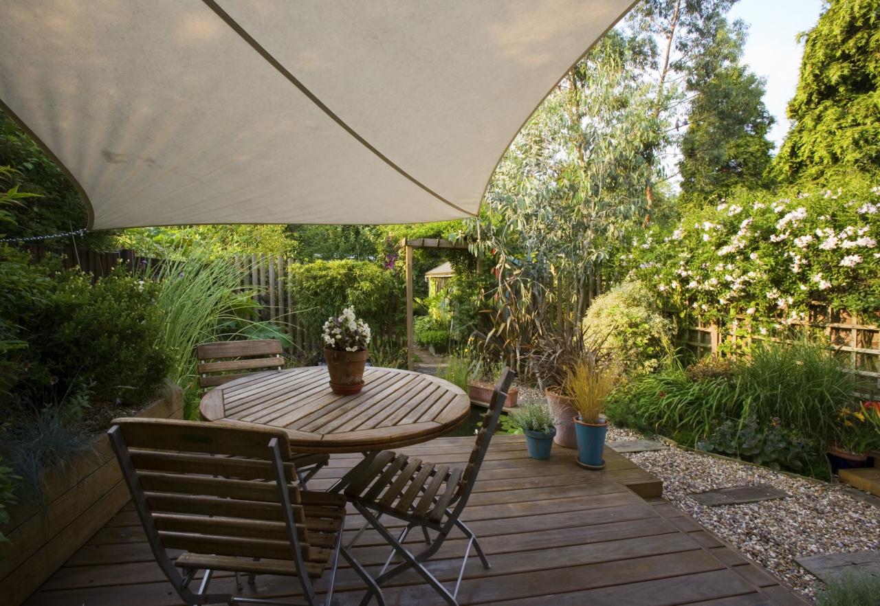 Canopy over decked dining area in garden