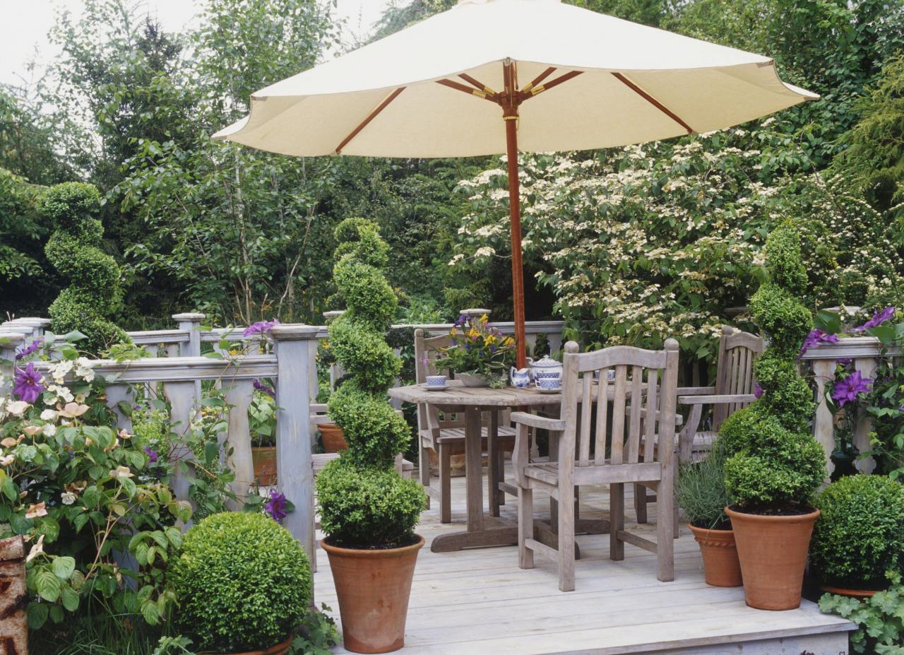 Domestic garden with wooden furniture and parasol on decking, Buxus (Box hedges) cut into topiary shapes